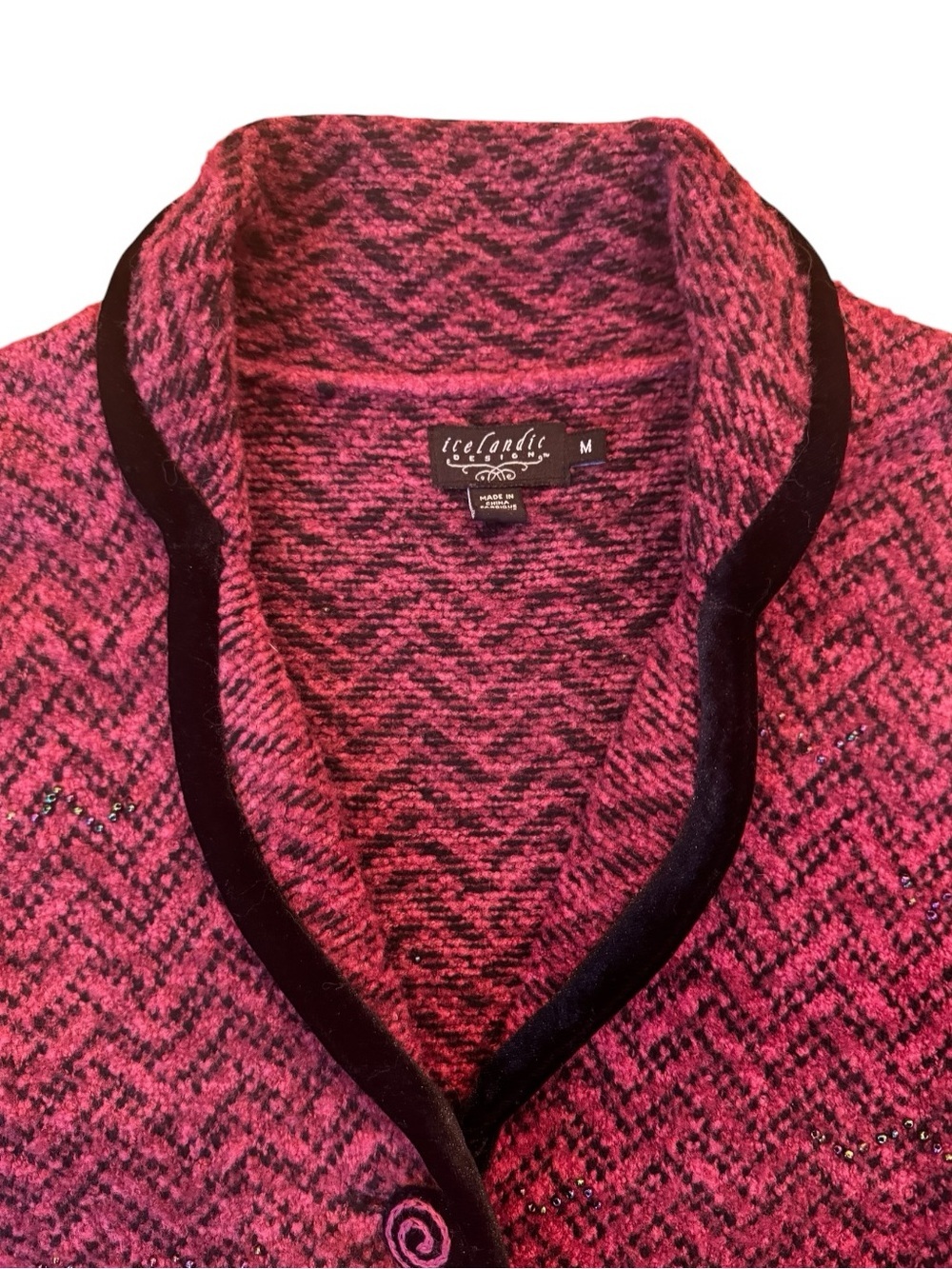 Vintage Icelandic Designs Purple Herringbone Knit Cardigan | Black Velvet Trim - Picture 5 of 11